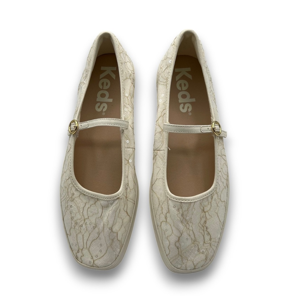 Keds Lace Sequin Mary Jane Flats Off White Ivory Gold Women Size 10M Balletcore